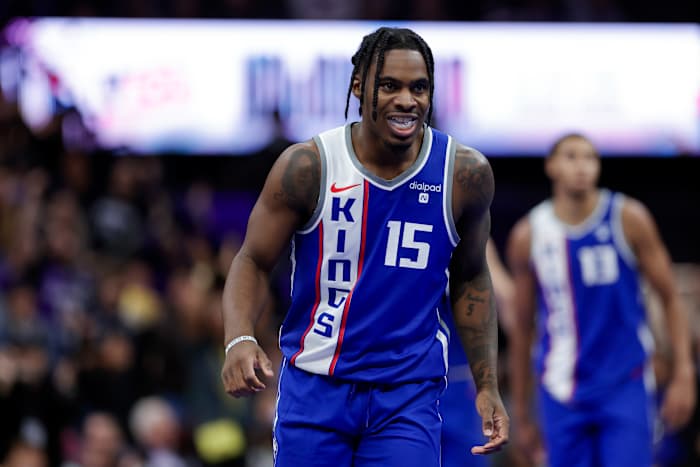 Nov 10, 2023; Sacramento, California, USA; Sacramento Kings guard Davion Mitchell (15) looks on during the fourth quarter against the Oklahoma City Thunder at Golden 1 Center. Mandatory Credit: Sergio Estrada-USA TODAY Sports